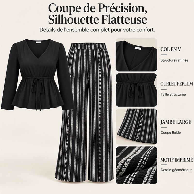 Ensemble Femme Top Volant à Col V et Pantalon à Rayures