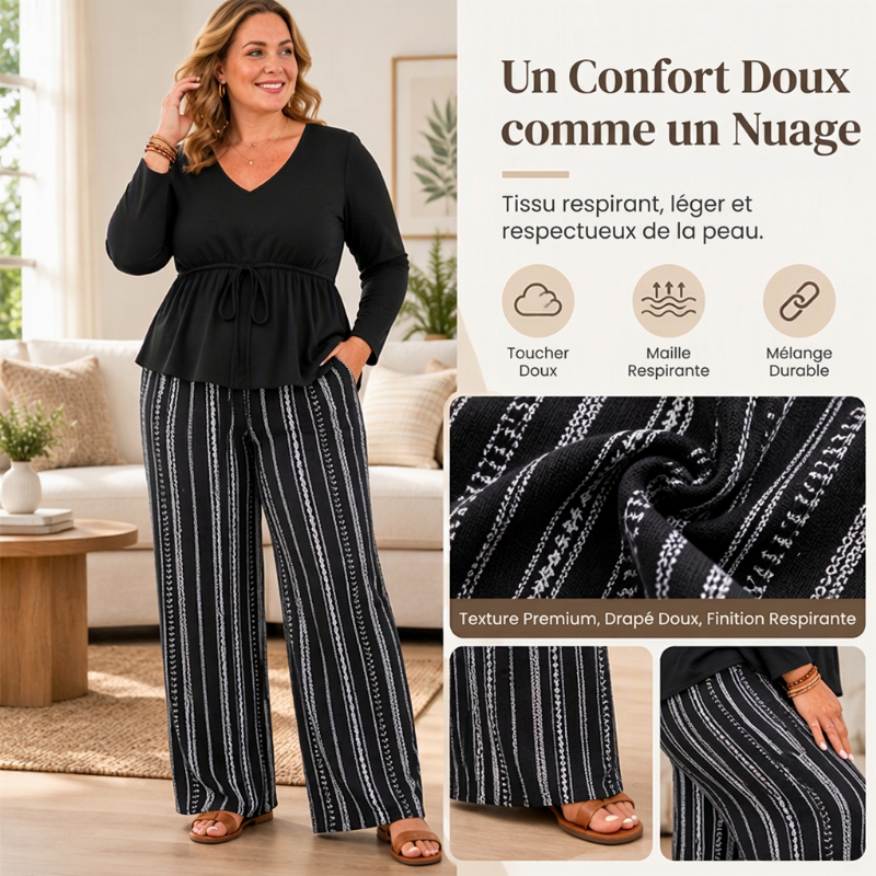 Ensemble Femme Top Volant à Col V et Pantalon à Rayures