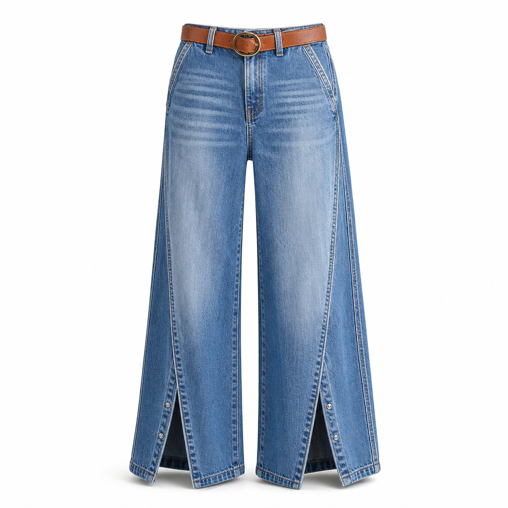 Jean femme taille haute jambe large avec ourlets fendus