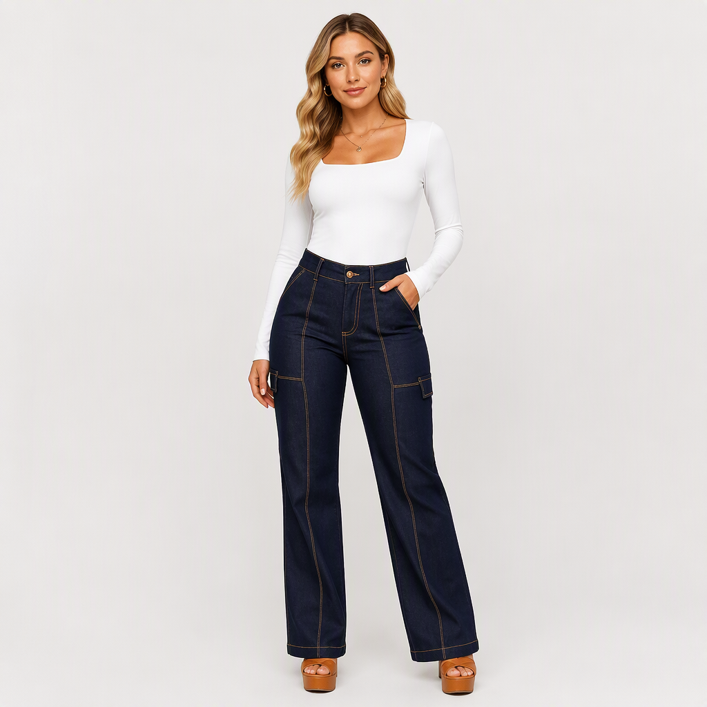 Jeans à jambe large à taille haute avec coutures contrastées pour femmes