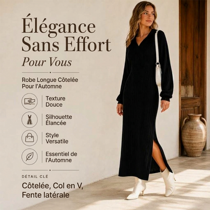 Robe longue pour femme en maille côtelée avec col et fente