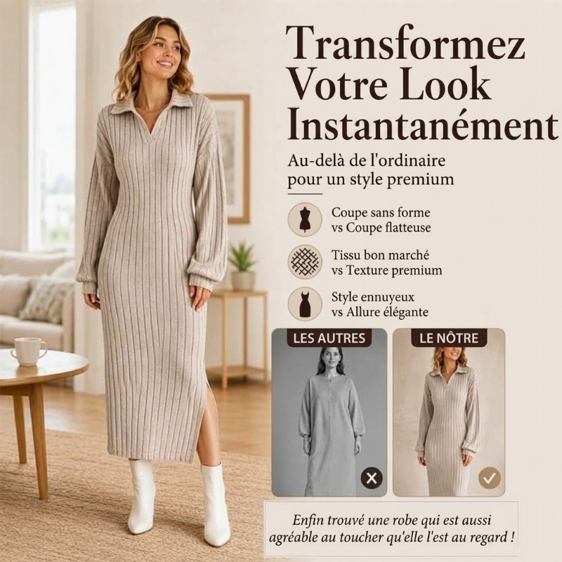 Robe longue pour femme en maille côtelée avec col et fente
