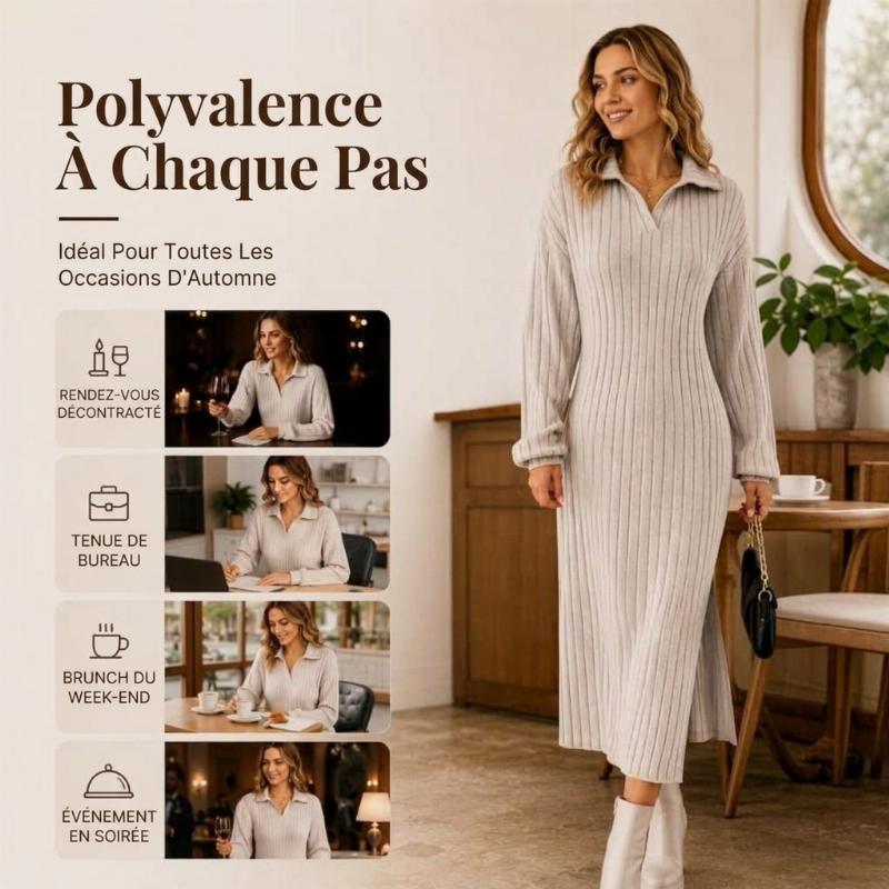 Robe longue pour femme en maille côtelée avec col et fente