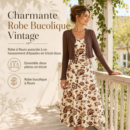 Ensemble 2 pièces pour femmes : robe à bretelles florale vintage et cardigan court en maille côtelée