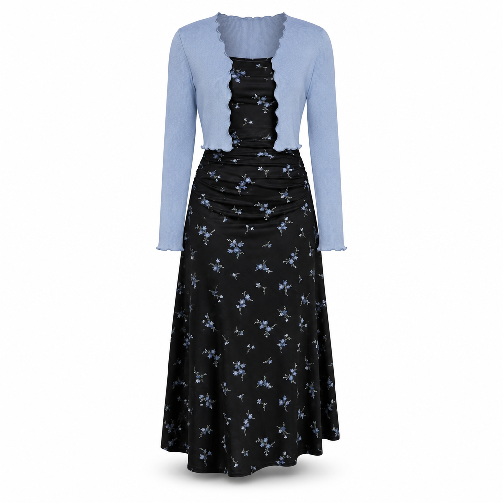 Ensemble 2 pièces pour femmes : robe à bretelles florale vintage et cardigan court en maille côtelée