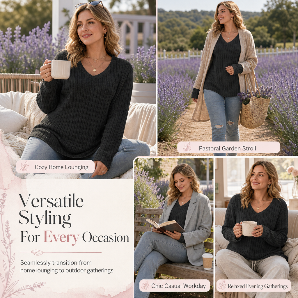 T-shirt col V à manches longues en maille côtelée brossée pour femme grande taille, coupe ample, pull unicolore