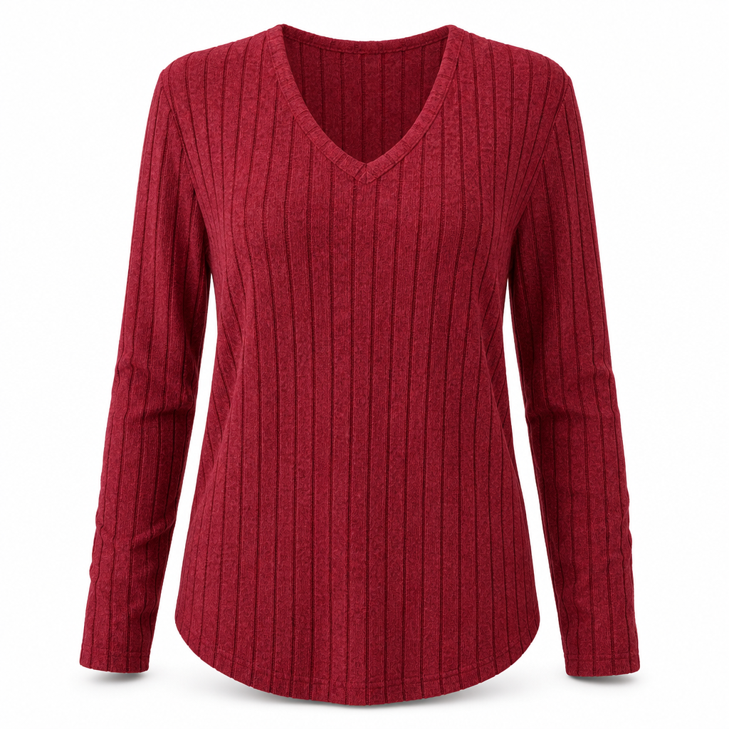 T-shirt col V à manches longues en maille côtelée brossée pour femme grande taille, coupe ample, pull unicolore