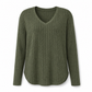 T-shirt col V à manches longues en maille côtelée brossée pour femme grande taille, coupe ample, pull unicolore