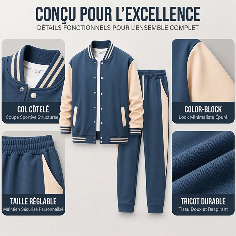 Ensemble veste de baseball et pantalon color-block pour homme