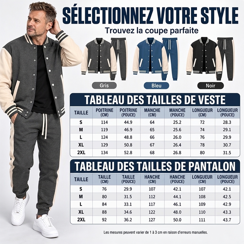 Ensemble veste de baseball et pantalon color-block pour homme