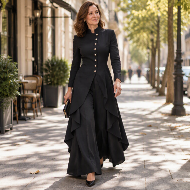 Ensemble femme élégant : manteau long et pantalon à jambes larges