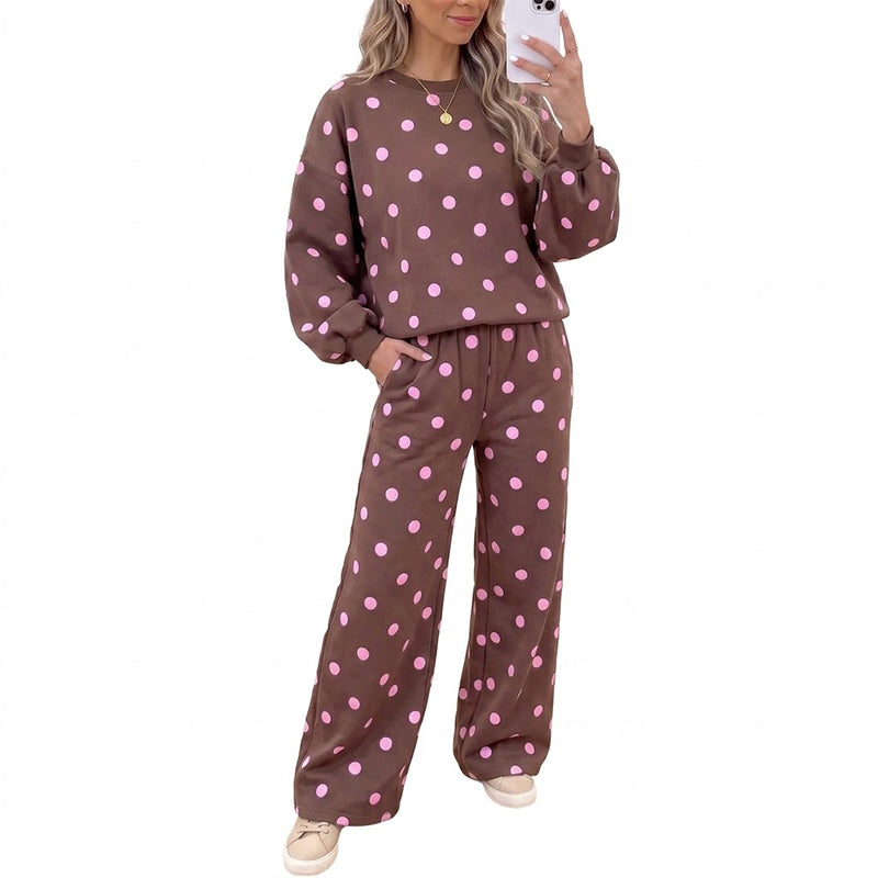 💖Soldes ! Prix cassés💖Ensemble Femme Top à Pois et Pantalon à Jambes Larges