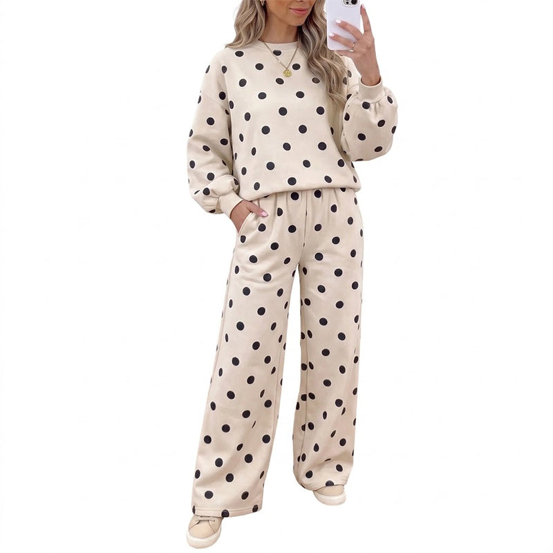 💖Soldes ! Prix cassés💖Ensemble Femme Top à Pois et Pantalon à Jambes Larges