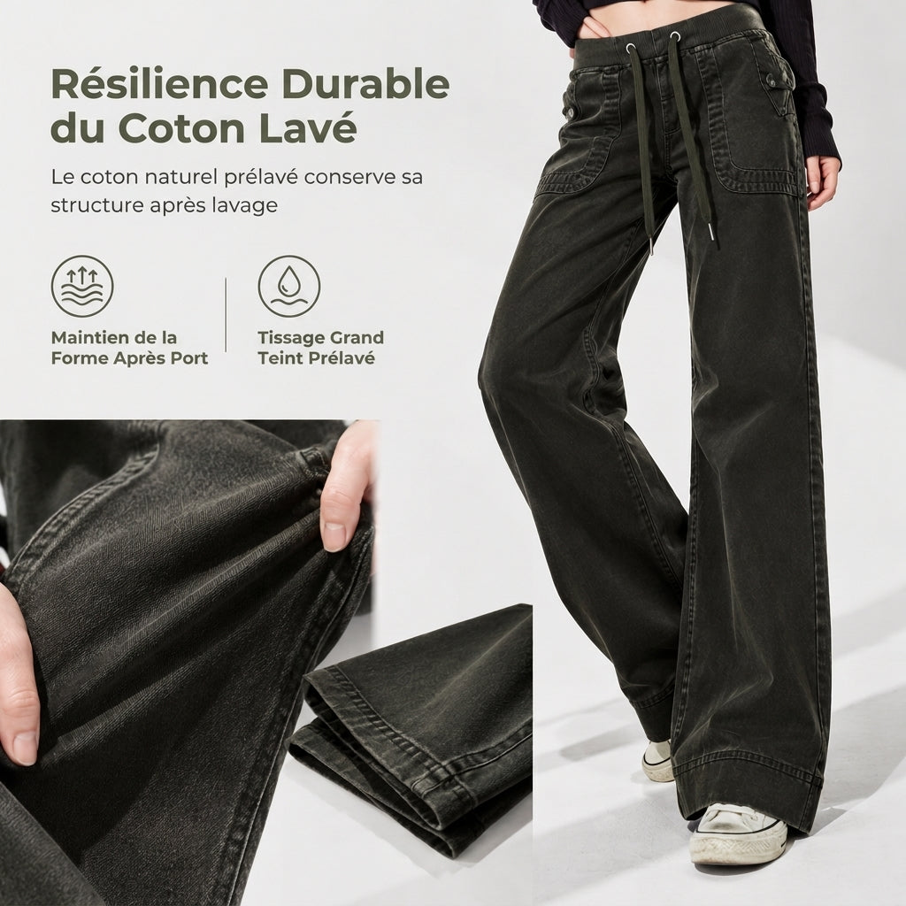 Jean American Vintage taille basse légèrement évasé, avec ceinture élastiquée à cordonnet et poches patteilleuses