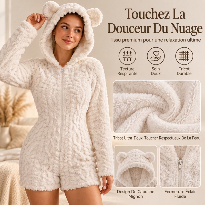 💖Soldes ! Prix cassés💖Barboteuse à capuche en peluche avec oreilles d'ours mignonnes pour femmes