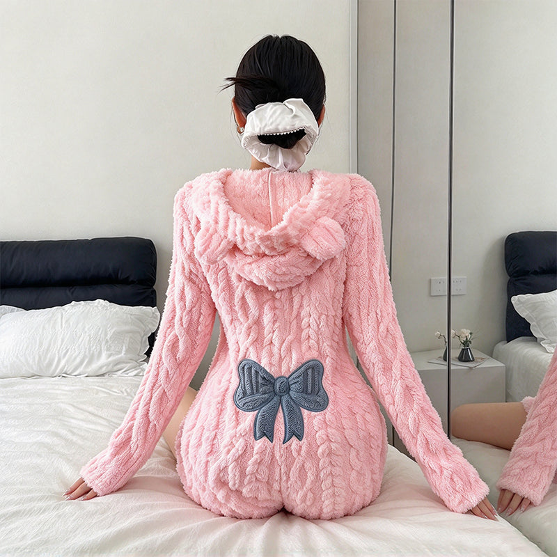 💖Soldes ! Prix cassés💖Barboteuse à capuche en peluche avec oreilles d'ours mignonnes pour femmes
