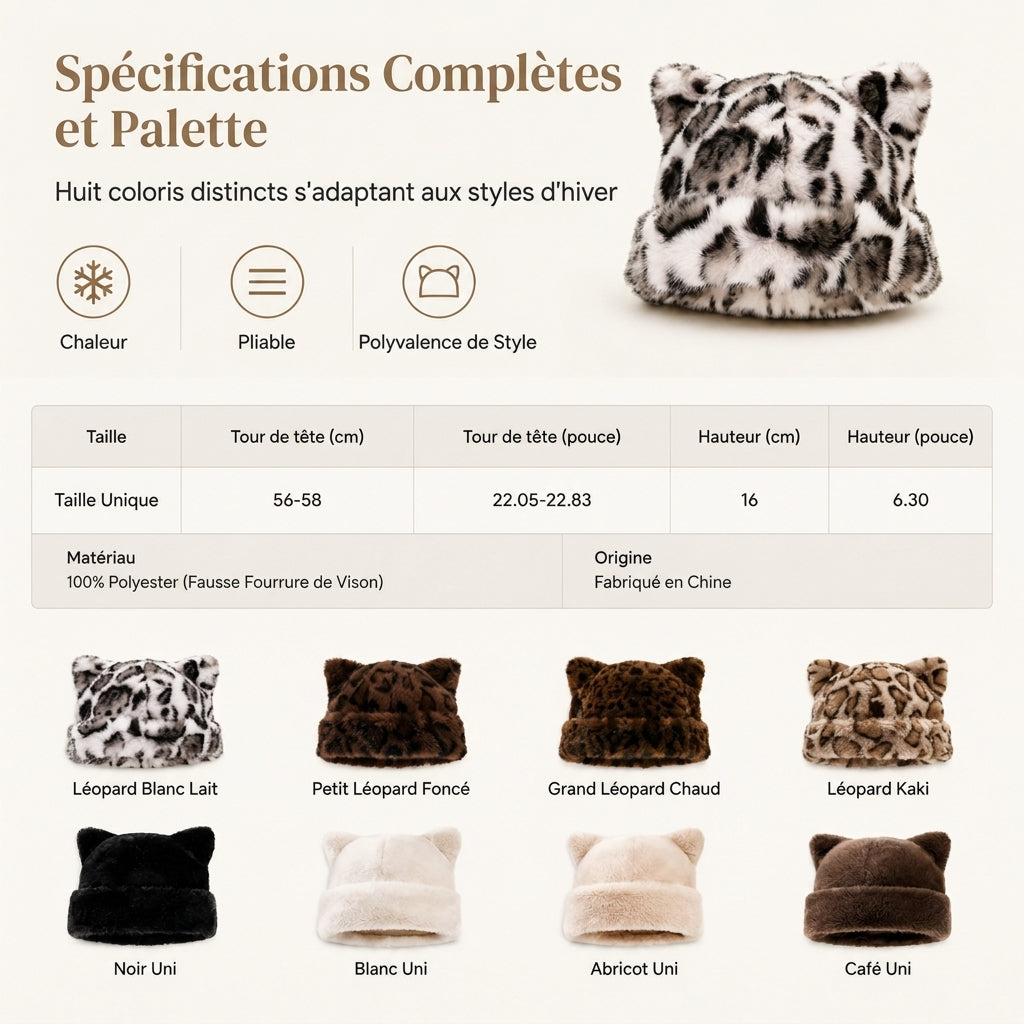 Bonnet d'hiver en fausse fourrure de vison pelucheuse pour femme avec oreilles d'ourson mignonnes - Bonnet chaud pour temps froid