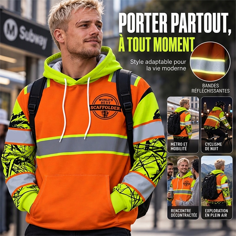 Sweat-shirt à capuche réfléchissant haute visibilité pour homme