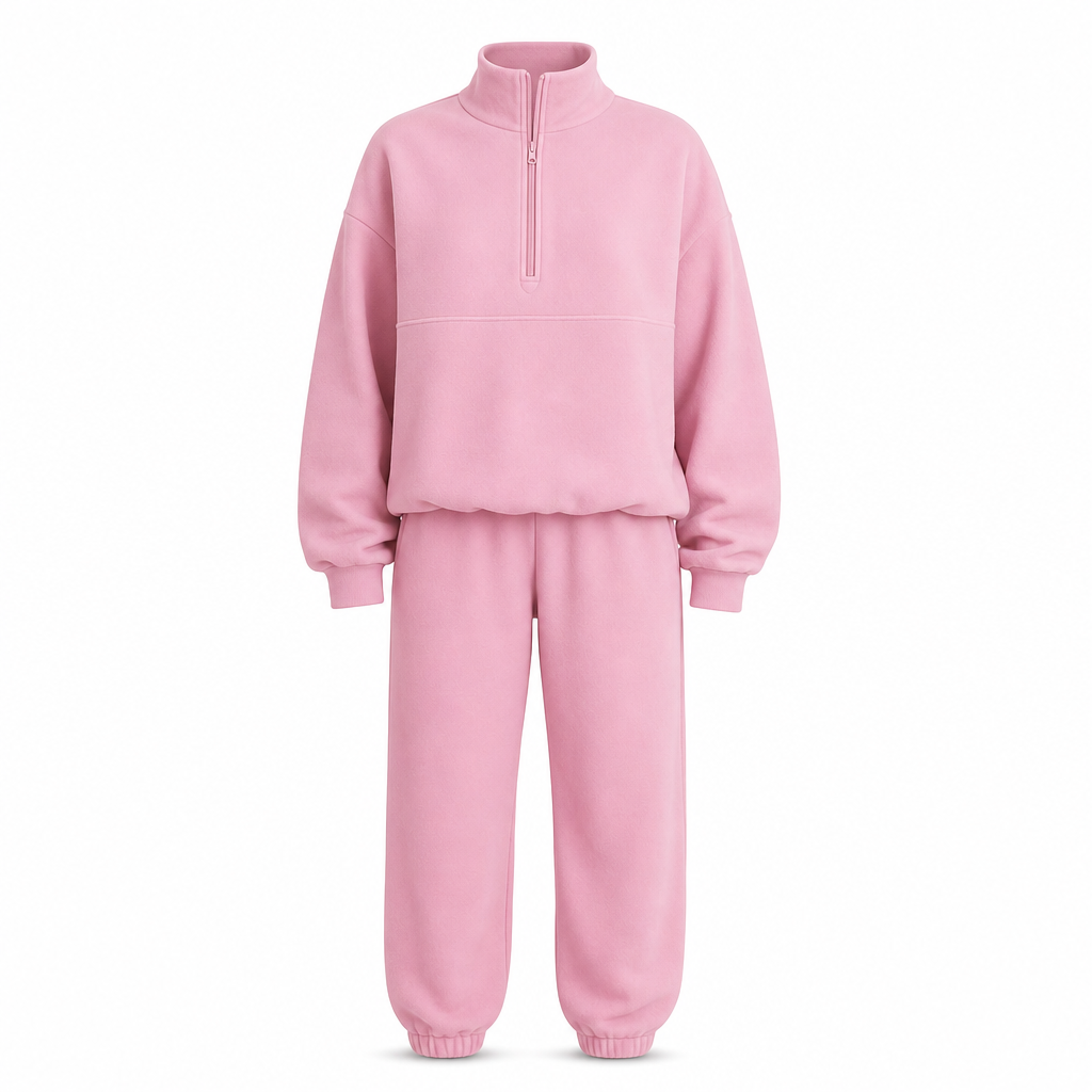 Ensemble pantalon deux pièces décontracté, couleur unie, haut à col rabattu zippé et pantalon long tenue pour l'automne et l'hiver