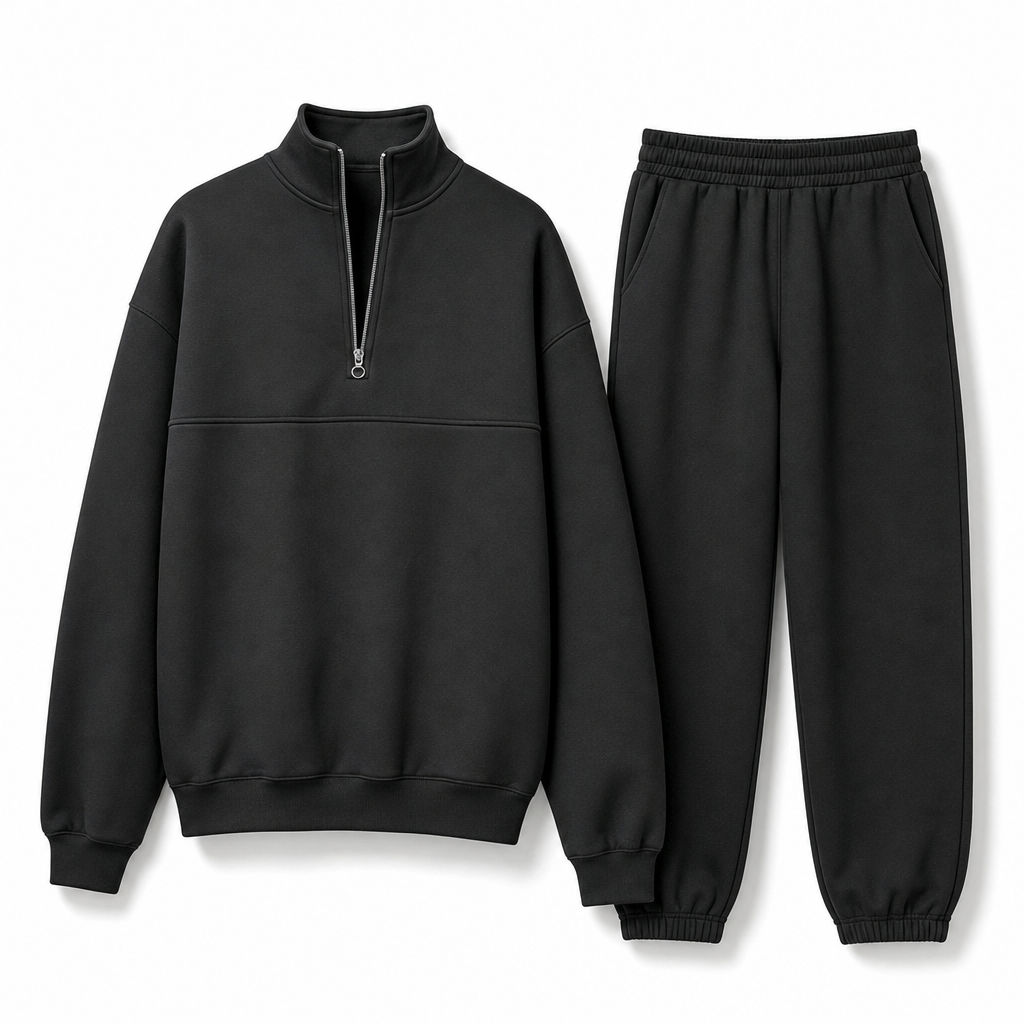 Ensemble pantalon deux pièces décontracté, couleur unie, haut à col rabattu zippé et pantalon long tenue pour l'automne et l'hiver