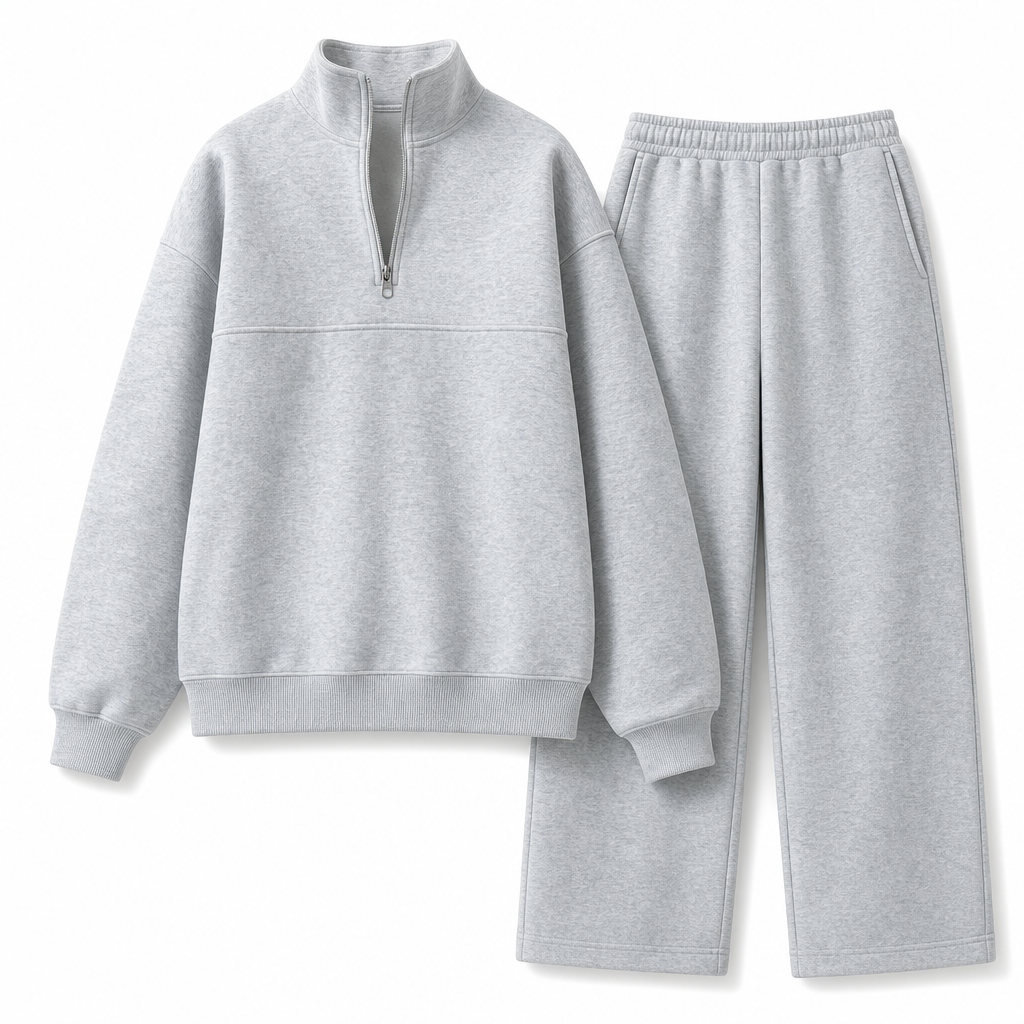 Ensemble pantalon deux pièces décontracté, couleur unie, haut à col rabattu zippé et pantalon long tenue pour l'automne et l'hiver