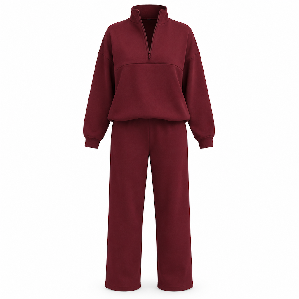Ensemble pantalon deux pièces décontracté, couleur unie, haut à col rabattu zippé et pantalon long tenue pour l'automne et l'hiver