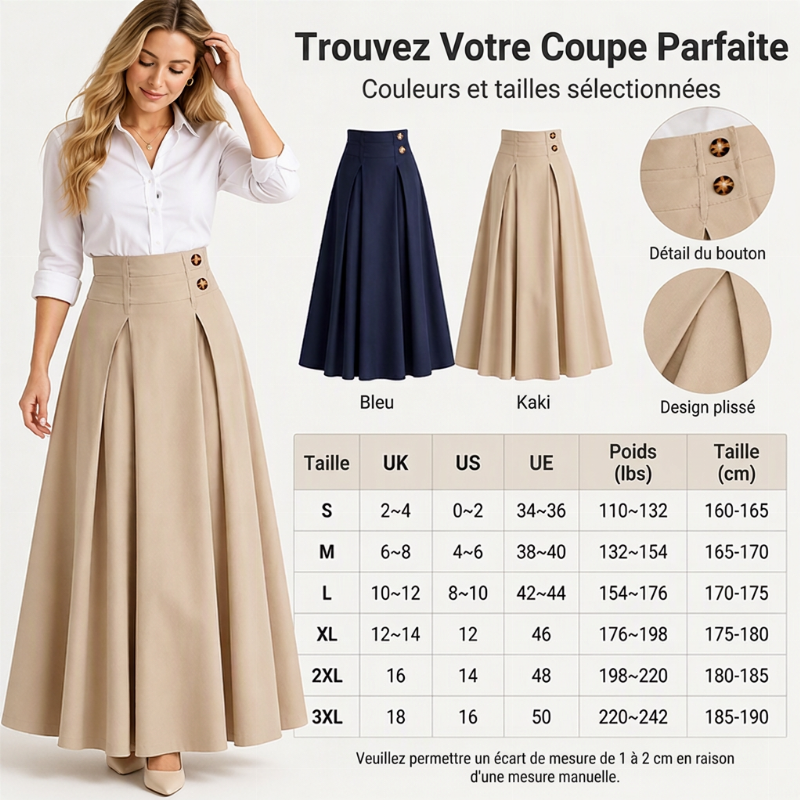Jupe longue évasée taille haute et plissée pour femme