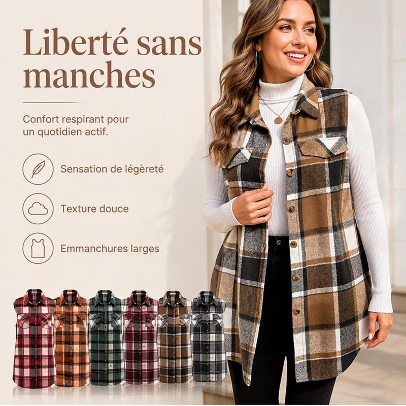 💖Soldes ! Prix cassés💖Chemise gilet boutonnée à carreaux pour femme avec poches