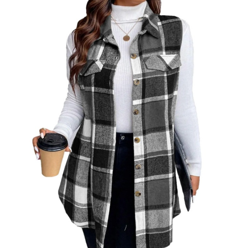 💖Soldes ! Prix cassés💖Chemise gilet boutonnée à carreaux pour femme avec poches