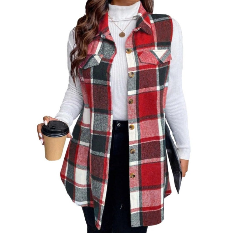 💖Soldes ! Prix cassés💖Chemise gilet boutonnée à carreaux pour femme avec poches