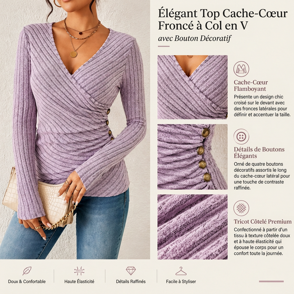 Haut à manches longues et col V, couleur unie, pour femmes, décontracté, pour le printemps et l'automne
