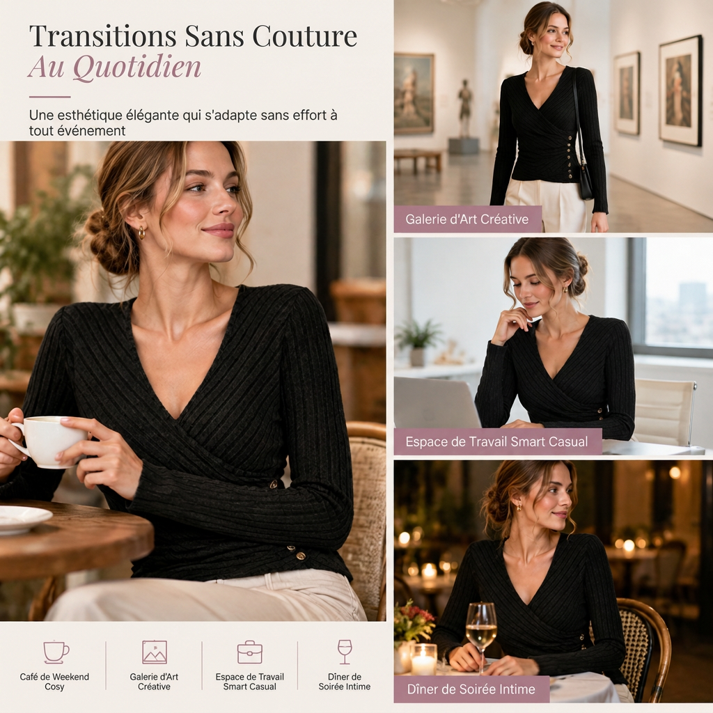 Haut à manches longues et col V, couleur unie, pour femmes, décontracté, pour le printemps et l'automne