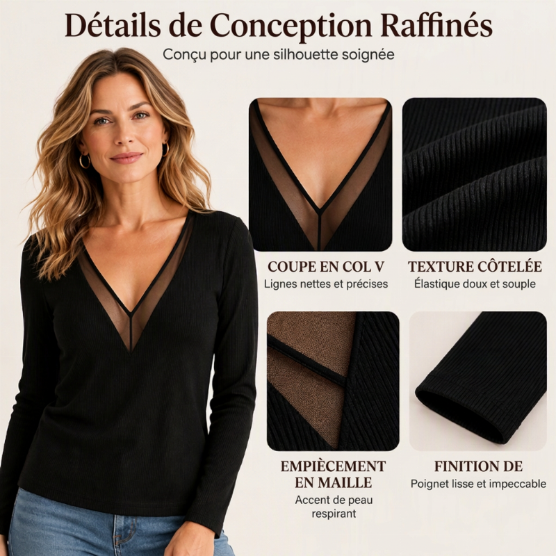 💖Haut à manches longues en maille avec patchwork et col en V pour femme