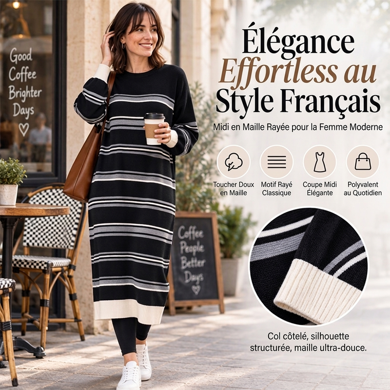 Robe pull en maille rayée à manches longues pour femme