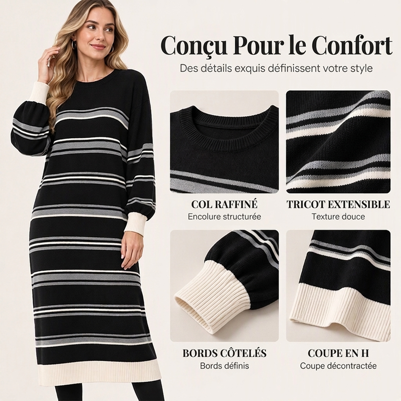 Robe pull en maille rayée à manches longues pour femme
