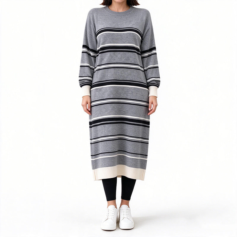 Robe pull en maille rayée à manches longues pour femme