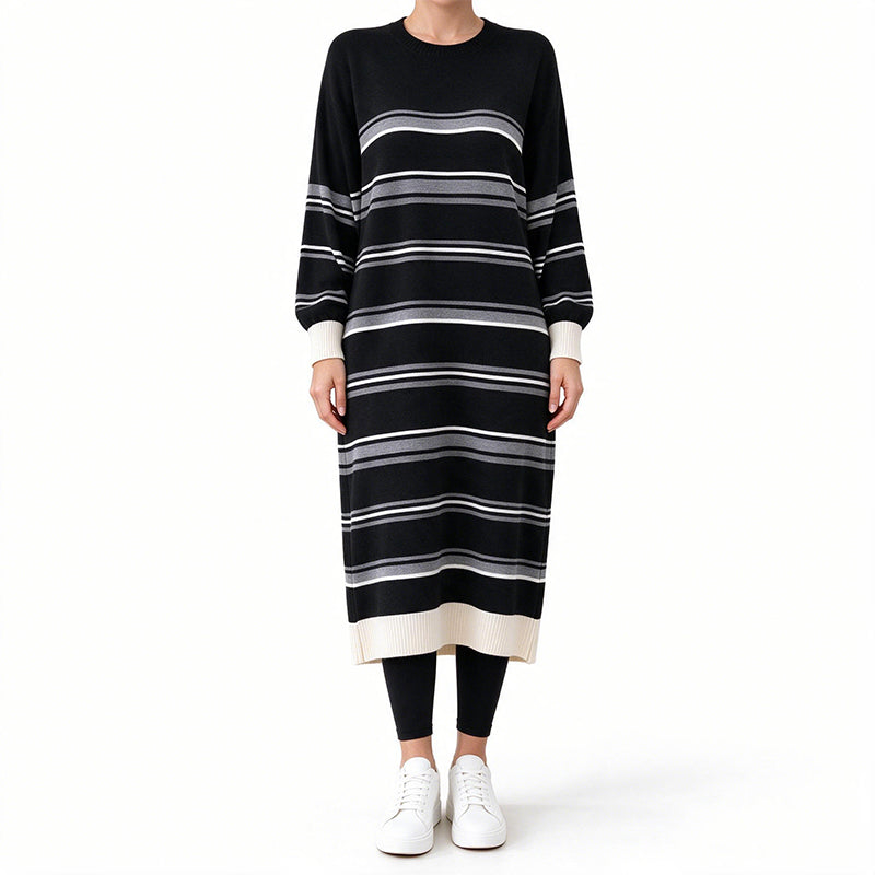 Robe pull en maille rayée à manches longues pour femme