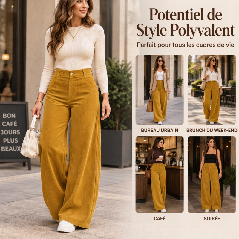 Pantalon décontracté à jambe large en velours côtelé pour femmes