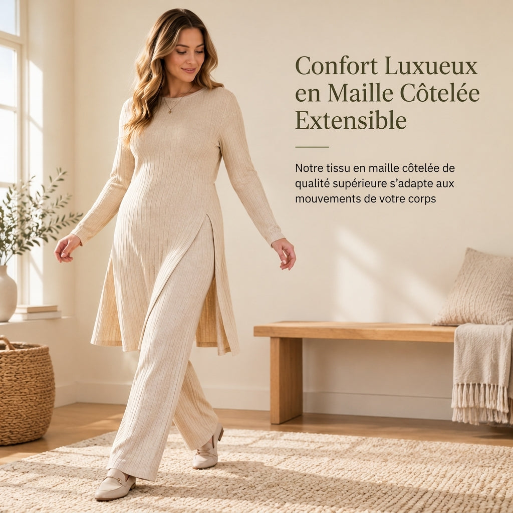 Ensemble deux pièces femme en maille côtelée, tunique à manches longues et haute fente et pantalon