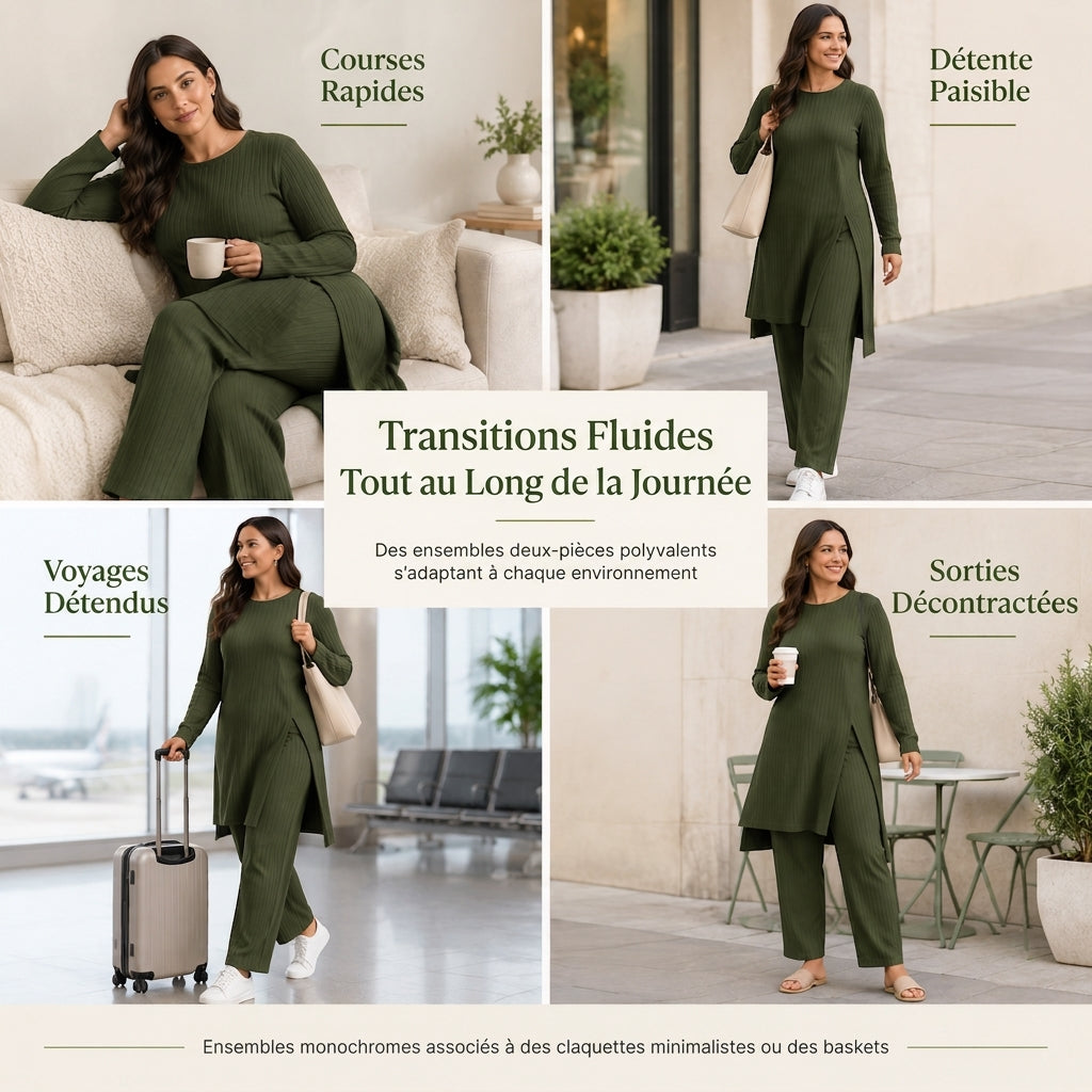 Ensemble deux pièces femme en maille côtelée, tunique à manches longues et haute fente et pantalon