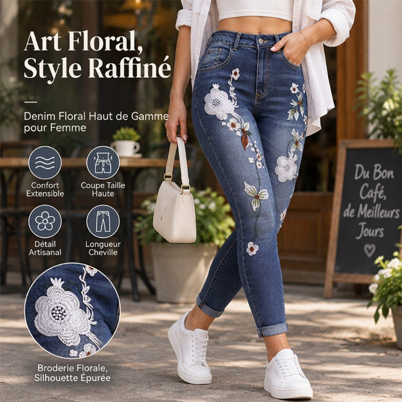 Jeans skinny extensibles à broderies florales pour femmes