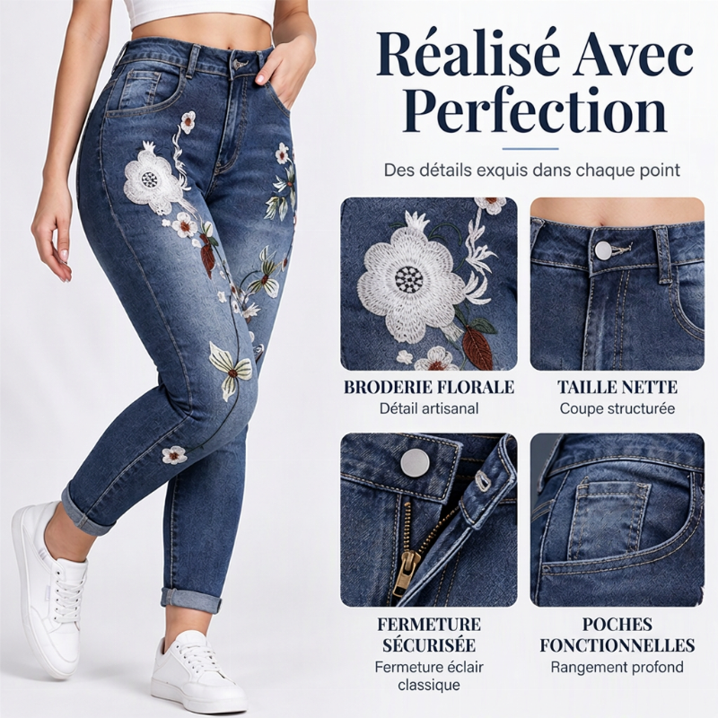 Jeans skinny extensibles à broderies florales pour femmes