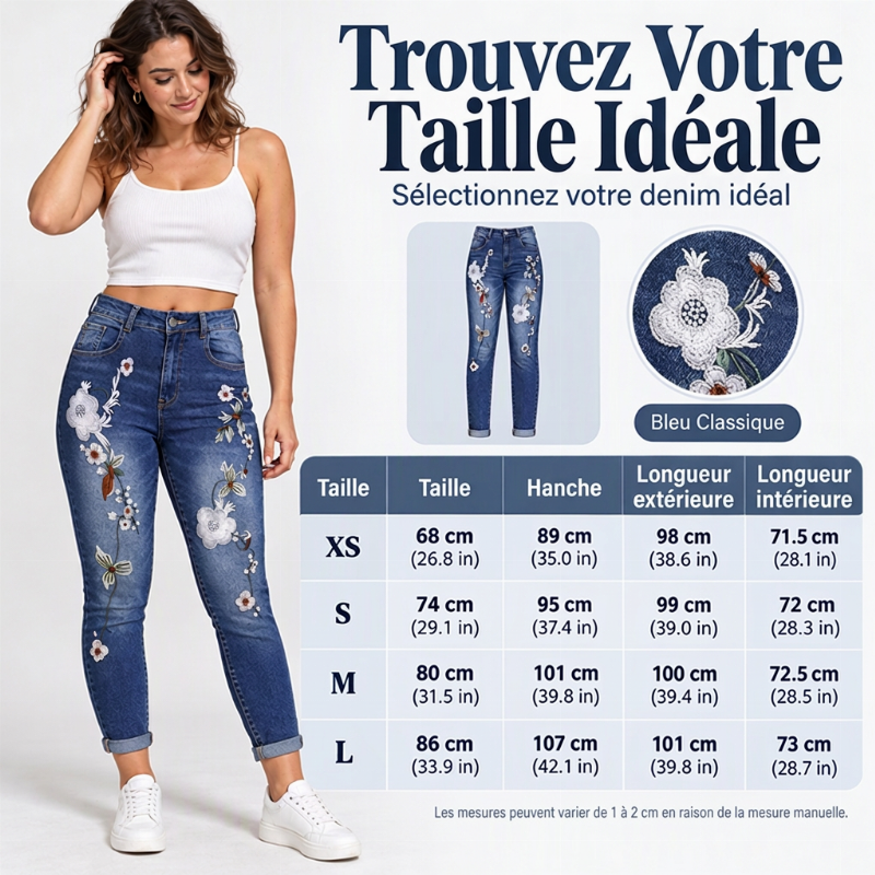 Jeans skinny extensibles à broderies florales pour femmes