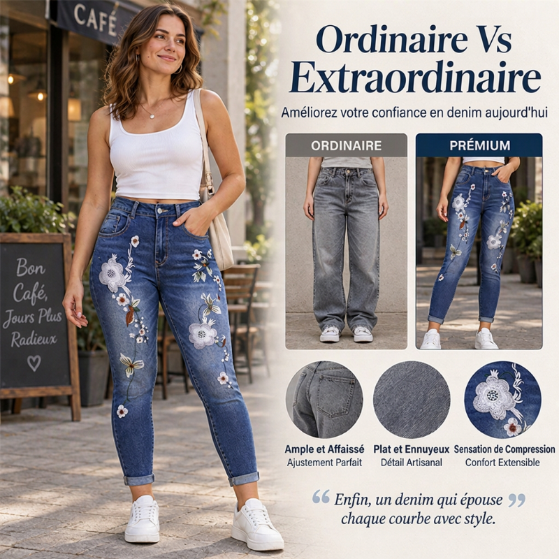 Jeans skinny extensibles à broderies florales pour femmes