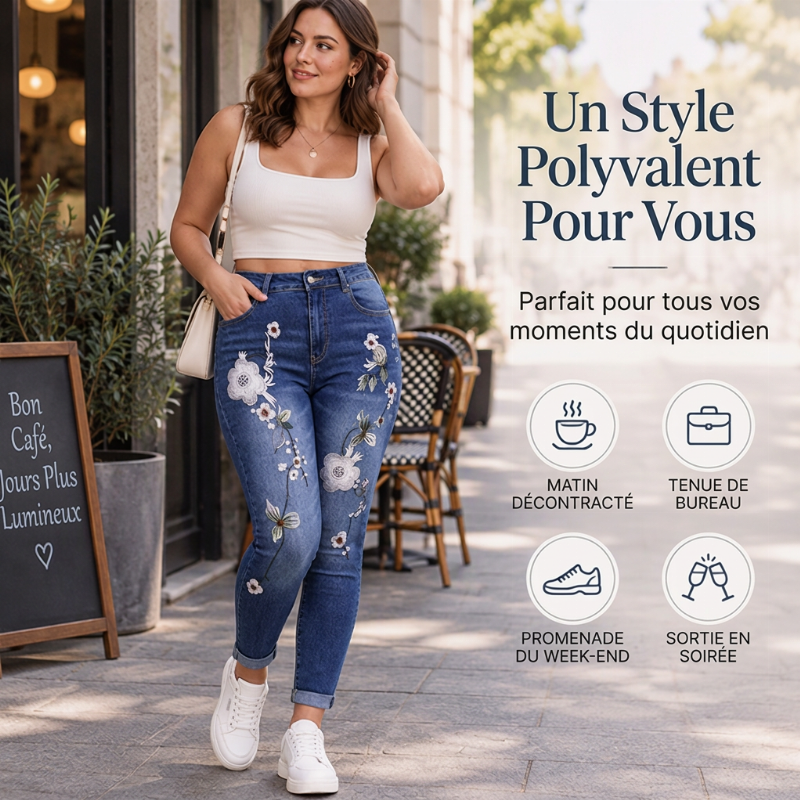 Jeans skinny extensibles à broderies florales pour femmes