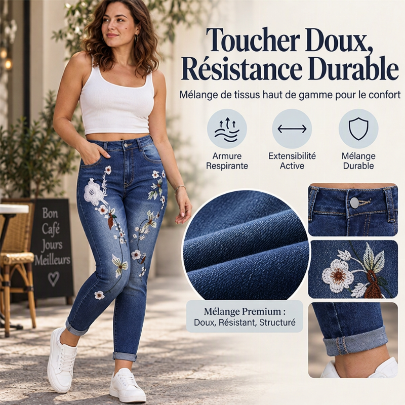 Jeans skinny extensibles à broderies florales pour femmes