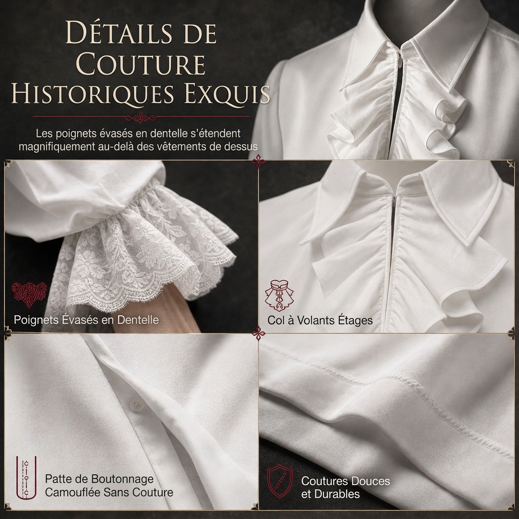 Blouse française à col volanté pour femme avec poignets en dentelle pour costume de vampire d'Halloween et performance scénique