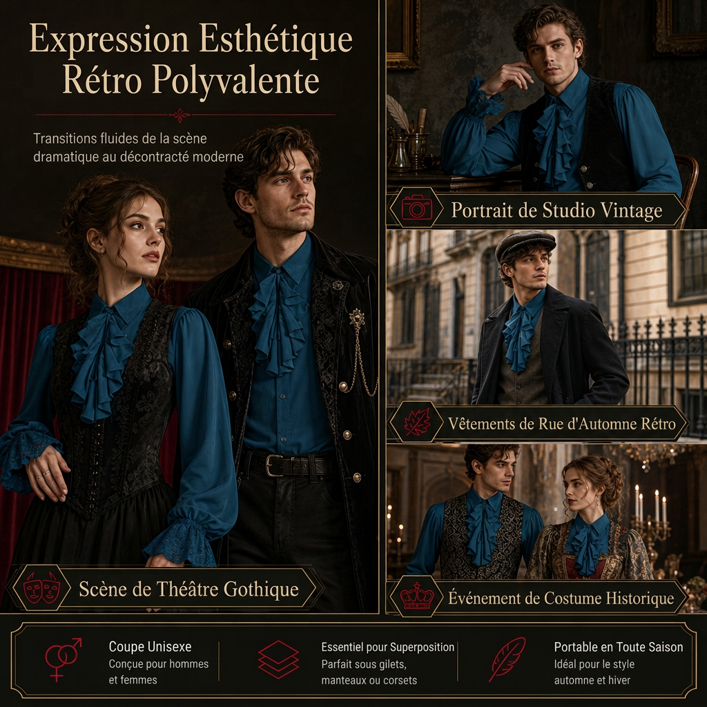 Blouse française à col volanté pour femme avec poignets en dentelle pour costume de vampire d'Halloween et performance scénique