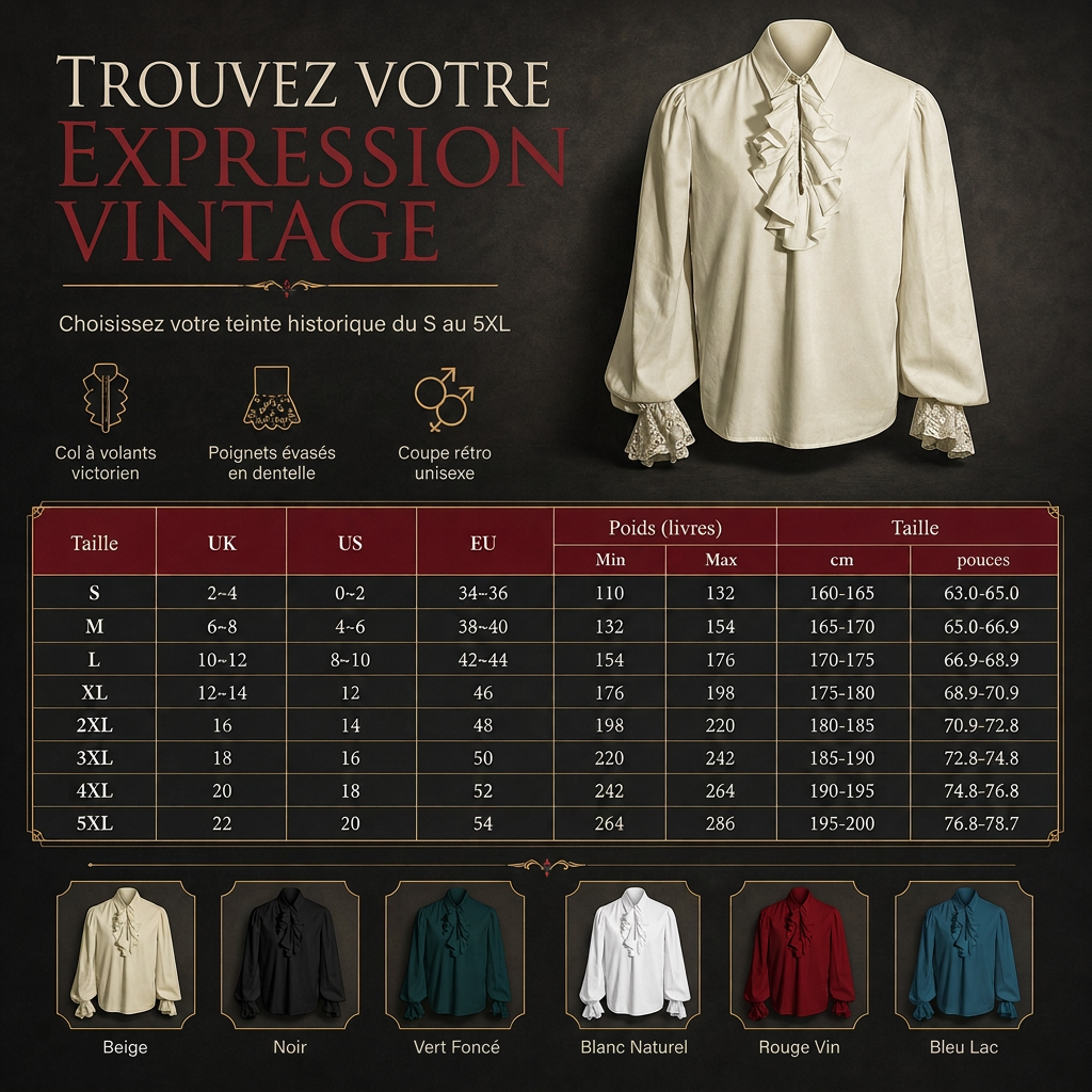 Blouse française à col volanté pour femme avec poignets en dentelle pour costume de vampire d'Halloween et performance scénique
