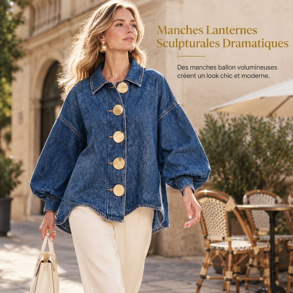 Manteau-chemise en jean Oversized délavé avec boutons dorés affirmés et manches lanternes